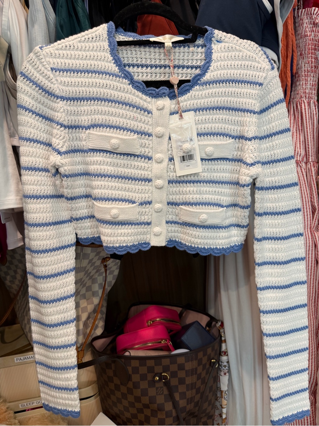 Nwt Loveshackfancy Striped Crochet Cropped Cardigan Sweater - White & Light Blue